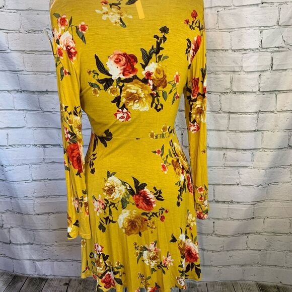 Magic Fit Yellow Floral Dress Long Sleeve Mustard V Neck Soft Size M - Picture 4 of 11